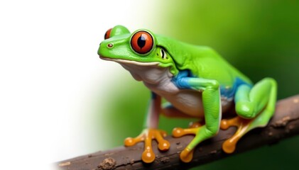 Green tree frog perched on white, vibrant skin, isolated , white background, tropical, one
