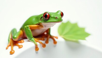 Obraz premium Green tree frog perched on white, vibrant skin, skin, isolated animal, white background photography