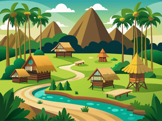 Obraz premium colorful illustration of traditional dayak village valley