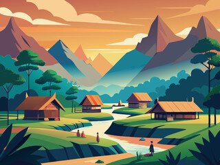 colorful illustration of traditional dayak village valley