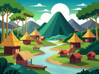 colorful illustration of traditional dayak village valley