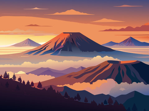 colorful illustration of sunrise and mount bromo