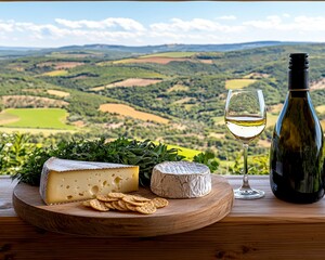 Indulge in an earthy-tone lunch experience beneath a charming pergola, savoring an exquisite artisanal cheese board adorned with fresh herbs This idyllic setting offers a harmonious blend of rustic