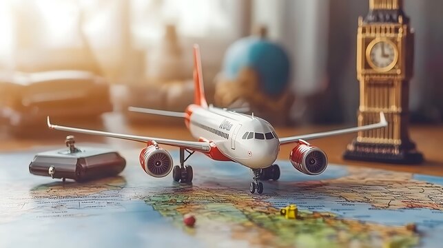 Airplane model on world map, travel planning.