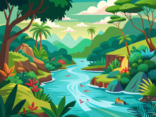 colorful illustration of tropical jungle river