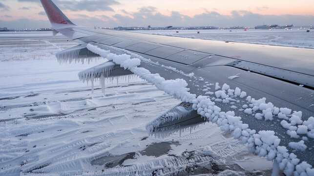 A plane&rsquo;s wing covered in frost before de-icing