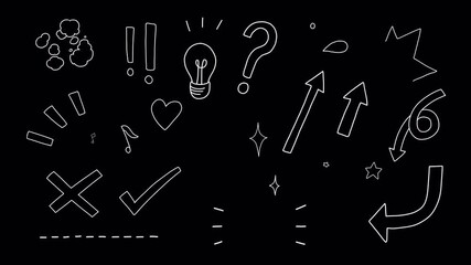 Outline Cute doodle icons, wiggle animation stickers: smoke, question marks, arrows, stars, sparkles, light bulb, heart pop, music notes, surprised, sweat, on a transparent background, alpha channel