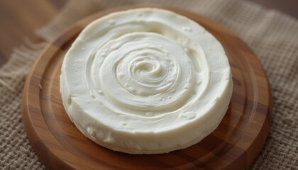 Delicious spiral cheese on a wooden cutting board  