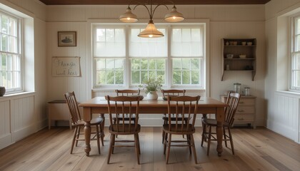 Fototapeta premium Rustic dining room with wooden table and chairs illuminated by lamps 