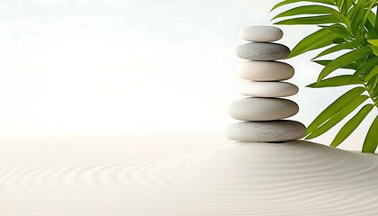 Zen stones with sand, and palm leaf.