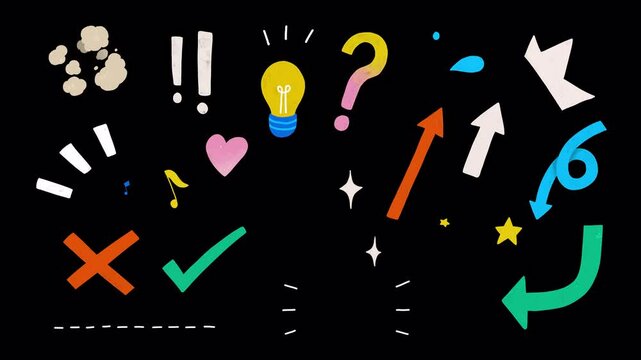 Colorful Illustration Cute doodle icons, wiggle animation stickers: smoke, question marks, arrows, stars, sparkles, light bulb, heart pop, music notes, surprised, sweat, on a transparent background