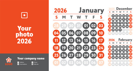 January 2026 calendar. New year wall planner design. English calender. Red color vector template. Week starts on Sunday. Business planning.