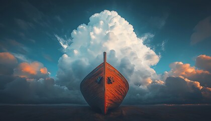 Wooden boat with dramatic sky, and beach.