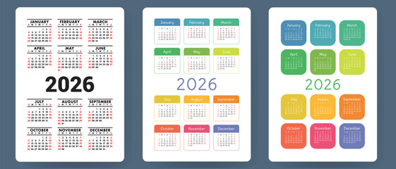 Calendar 2026. Colorful vector set. Pocket calender collection. Week starts on Sunday. Basic grid template for print