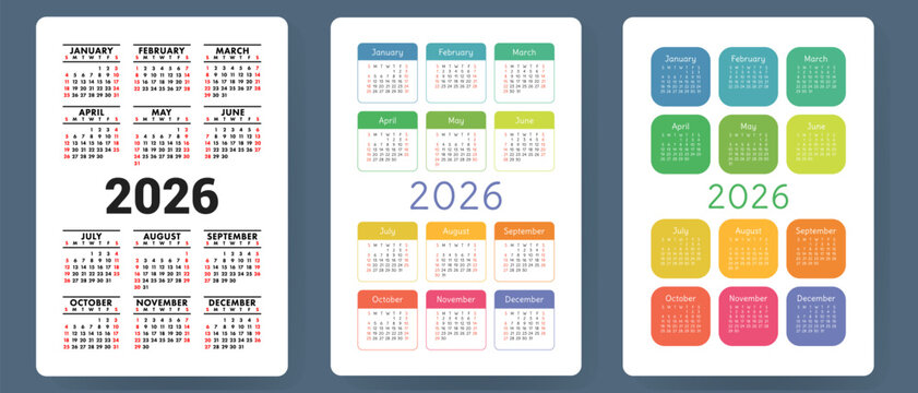 Calendar 2026. Colorful vector set. Pocket calender collection. Week starts on Sunday. Basic grid template for print