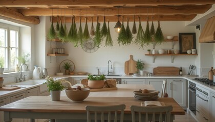 Fototapeta premium Modern rustic kitchen with hanging herbs and wooden decor 