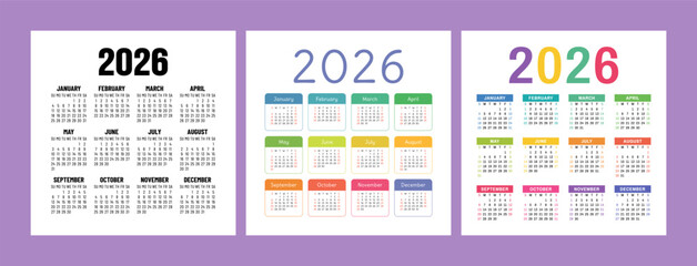 English calendar 2026 year set. Square vector pocket or wall calender design template bundle. Week starts on Sunday