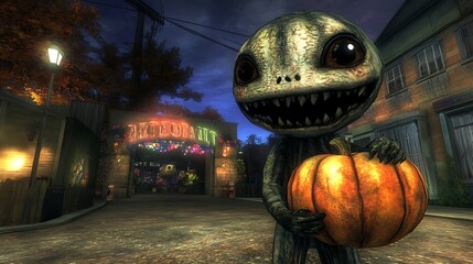 Creepy creature holding a pumpkin in a spooky carnival setting.