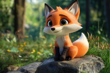 Cute cartoon fox sits on rock in forest