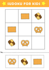 Sudoku logical reasoning activity for kids. Fun sudoku puzzle with cute cookies illustration. Children educational activity worksheet.