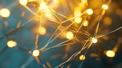 Glowing nodes and connections in a digital network, symbolizing interconnected technology and innovation.