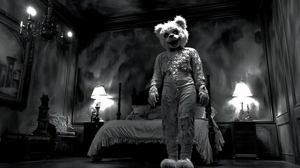 Creepy teddy bear in a dark room.