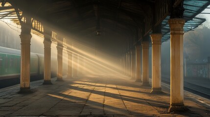 Naklejka premium Sunlight Streams Through Old Train Station Architecture in Morning