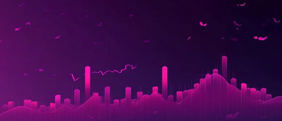 Abstract purple and pink city landscape with data visualization elements