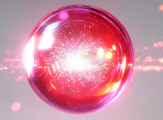 clear glowing red energy bubble, glass sphere, colorful sparking light inside, luxury cosmetic serum, skin treatment collagen drop, solar, science beauty, firework, 3d render