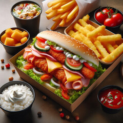 generative ai, fast food that looks delicious, with various toppings on the side