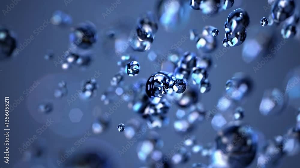 Poster close-up video of floating water droplets, captured with a macro lens. the abstract style emphasizes