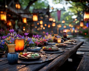 Immerse yourself in the tranquility of a farm-inspired al fresco dining experience Picture a rustic wooden table adorned with vibrant wildflowers, their colors dancing in the sunlight The aroma of