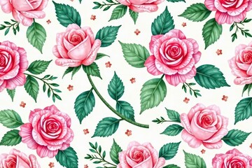 Delicate watercolor roses & leaves, repeating pattern, digital, leaves