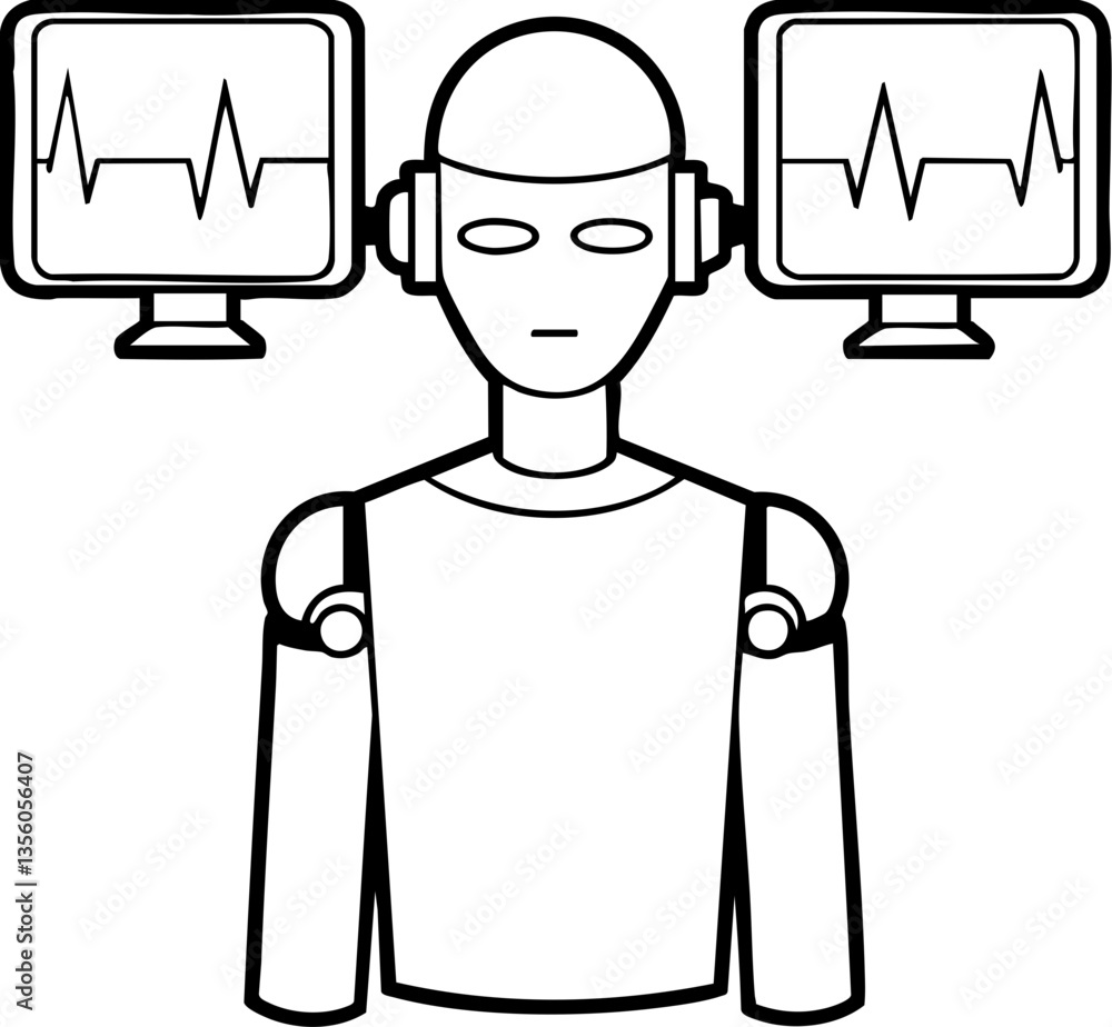 Poster a simplistic illustration of a robot with headphones, positioned between two monitors displaying hea
