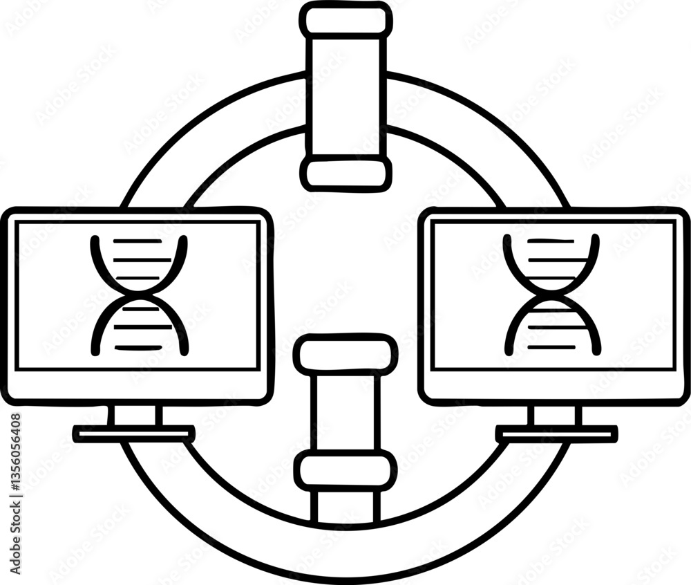 Poster a simple diagram featuring two connected computer screens displaying dna strands, symbolizing data a