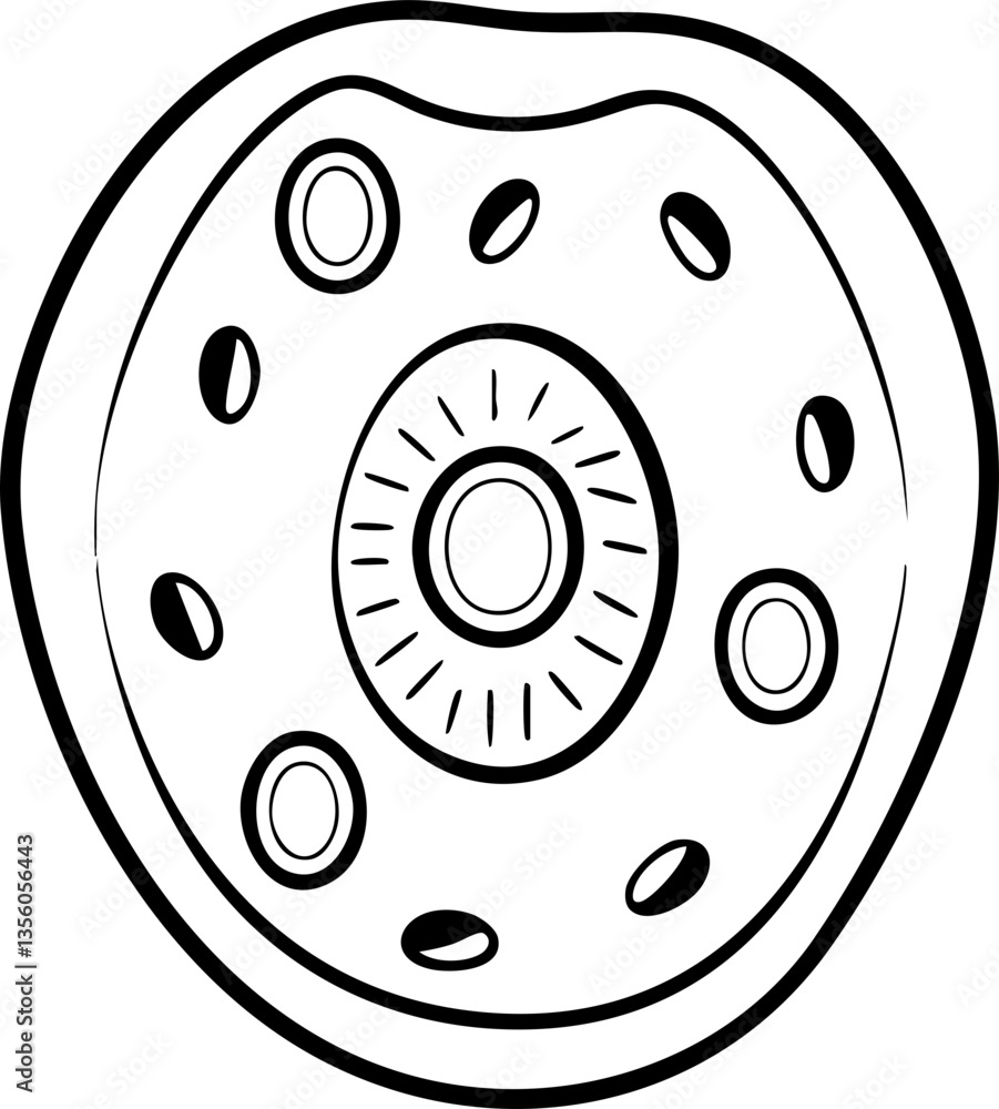 Poster a simple, outlined image of a circular object featuring a central hub and several surrounding perfor