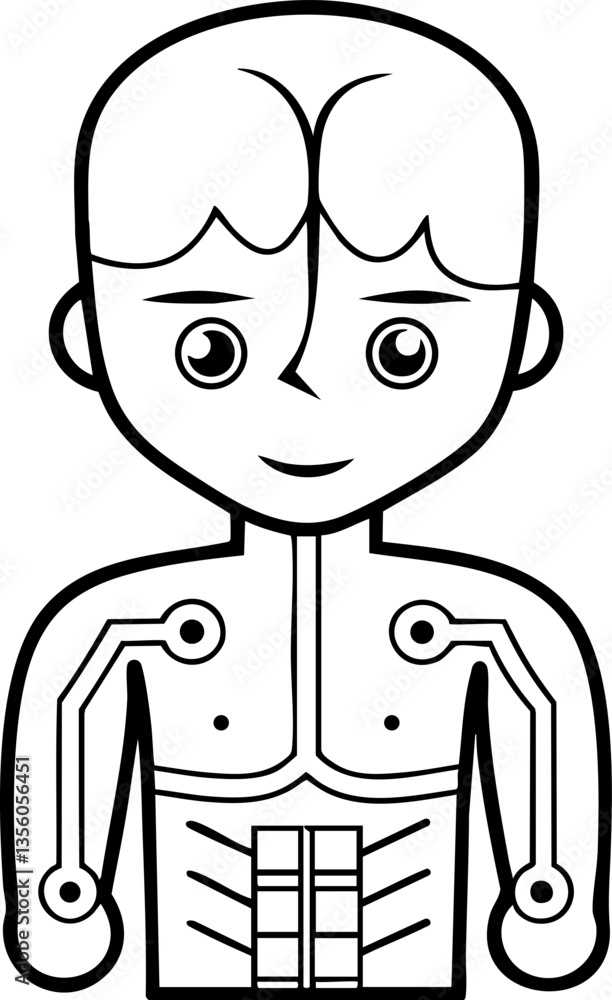 Poster a simple cartoon character with a robotic design, featuring a smiley face and circuit-like details o