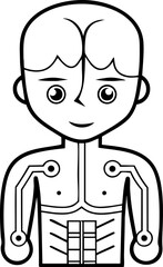 A simple cartoon character with a robotic design, featuring a smiley face and circuit-like details on its body.