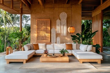 Immerse yourself in the serene embrace of this earthy lounge, a haven of bohemian charm and tribal-inspired decor The space exudes warmth with its layered neutral textures, inviting you to unwind and