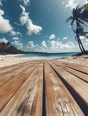 Tropical beach boardwalk view.