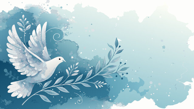 Watercolor dove background in soft blue and white hues, symbolizing peace and harmony with copy space 