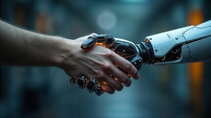 Human hand shaking robot hand symbolizes human-robot collaboration and technology. Futuristic and innovative.