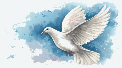 Obraz premium Watercolor painting of a dove in flight, symbolizing peace and freedom, against a dreamy blue background 