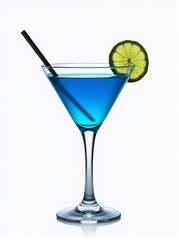 Electric Blue Cocktail in Martini Glass with Lime Garnish on Light Background