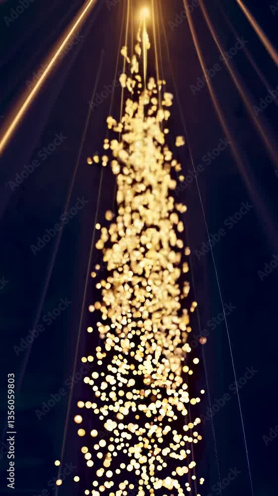 Poster a dynamic video concept featuring golden bokeh lights in a vertical cascade. captured from a low-ang