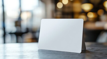 Blank table sign in cafe, blurred background