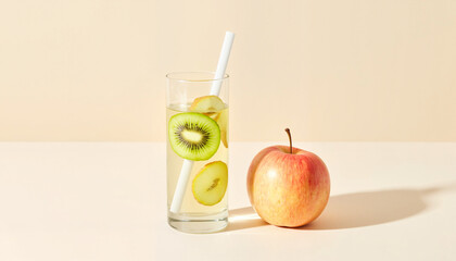 Fototapeta premium Refreshing fruit drink with kiwi and apple on a light background 