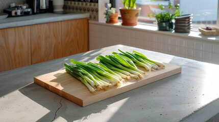 Diagonal layout of cut spring onions on neutral surface, sharp detail for kitchen prep or recipe step visuals