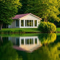 Obraz premium A serene house located by a peaceful lake, with green trees and foliage surrounding the area, Ai Generated