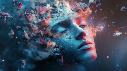Abstract digital art of a face dissolving into fragments